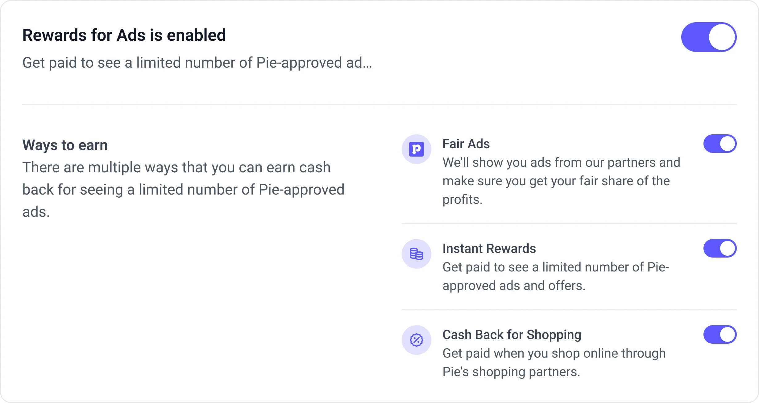 Pie website rewards settings